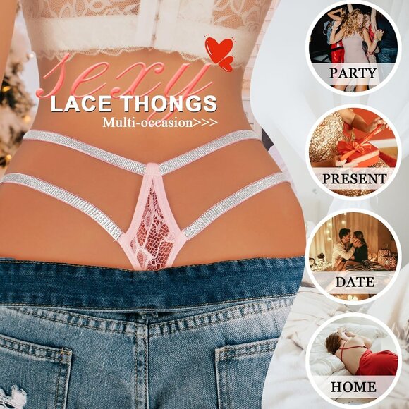 🆕 Women’s Pink Polyamide Glitter Strappy Lace Sexy Breathable Underwear Panties - Picture 4 of 6